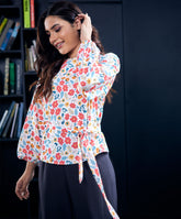 Floral Printed Waist Tie Chiffon Top