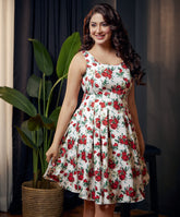 waistless scoop neck printed white dress