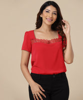 square neck trim detailed red top