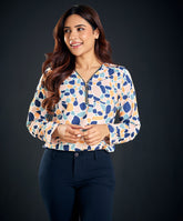 zipper opened half sleeve printed top