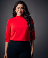 neck and sleeve frilled red top