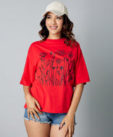 floral print oversize red tshirt