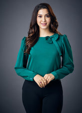 Neck Bow Long Sleeve Top- Green
