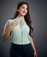 sleeveless pleated chiffon olive top