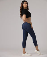 dark blue calf length slit jean