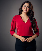 neck scalloped half sleeve red top