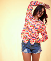 oversized chiffon colored waves printed shirt