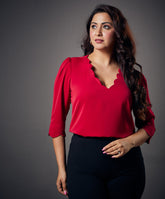 neck scalloped half sleeve red top