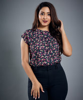 Black Floral Printed Round Neck Top