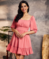 back tie chiffon mini pink dress