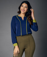 detailed long sleeve blue chiffon top