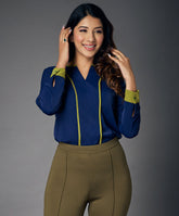 detailed long sleeve blue chiffon top