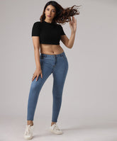light blue mid waist skinny jean