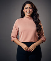 neck and sleeve frilled brown top