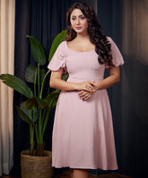 curve neck puffed sleeve pink dress