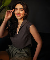 lapel vneck linen olive top