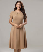 front neck pleated skater beige dress 1