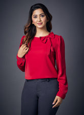 Neck Bow Long Sleeve Top- Maroon