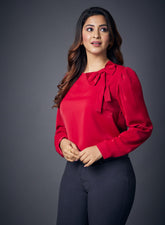 Neck Bow Long Sleeve Top- Maroon