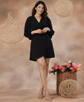 lantern sleeve belted wrap dress