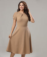 front neck pleated skater beige dress 1