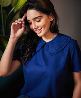 peterpan collared dark blue linen top