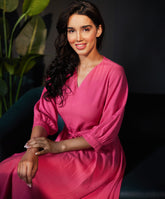 puffed sleeve vneck pink linen dress