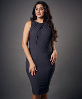 neck pleated bodycon grey dress