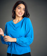 sleeve pleated waist tie blue top