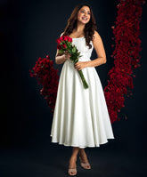 waist less white swing midi dress