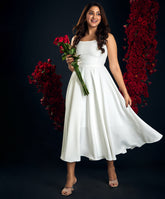 waist less white swing midi dress