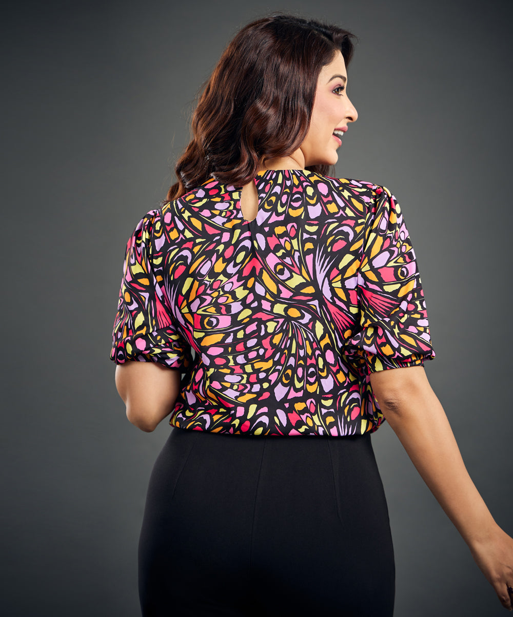 Half Sleeve Printed Chiffon Black Top