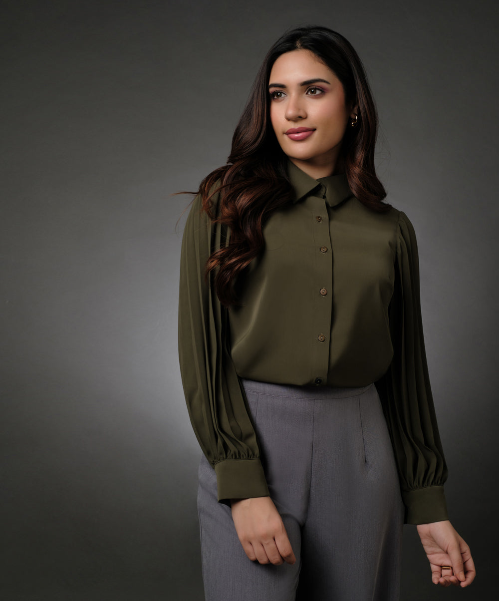 Sleeve Pleated Khaki Shirt Top