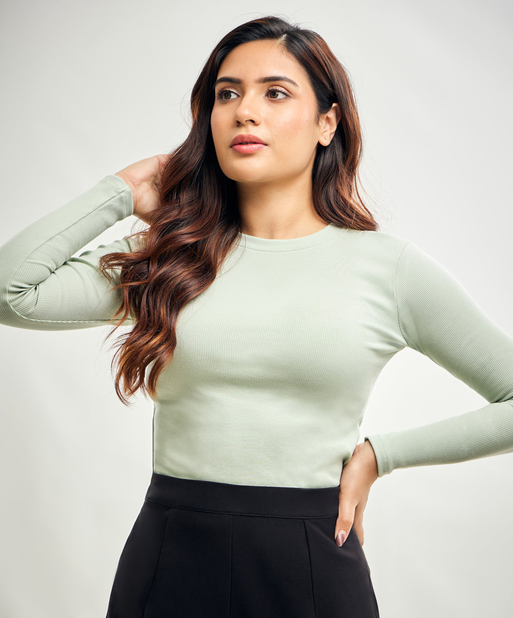 Long Sleeve Round Neck Rib Top- Baby Green