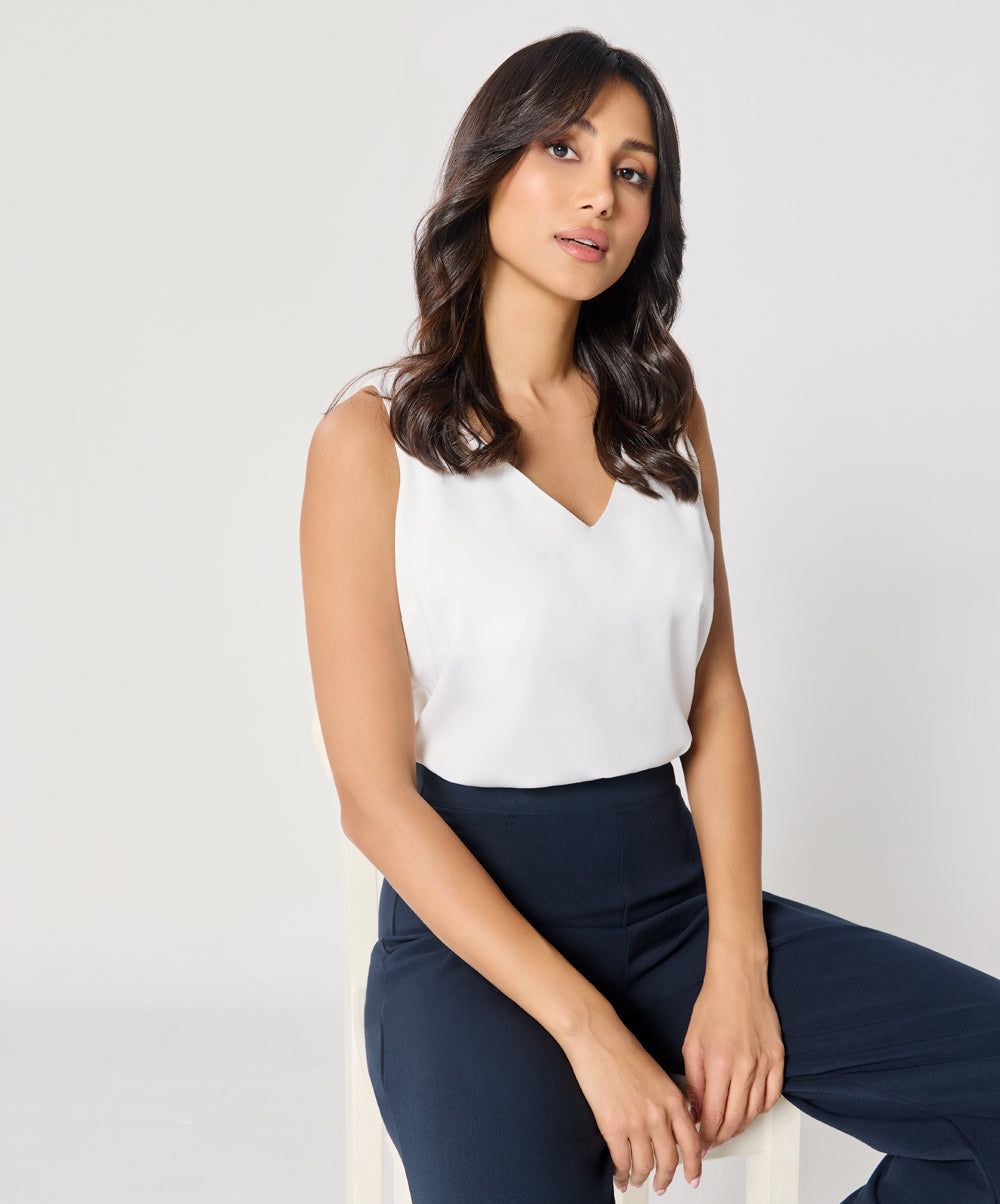 Sleeveless Vneck Satin Top-White