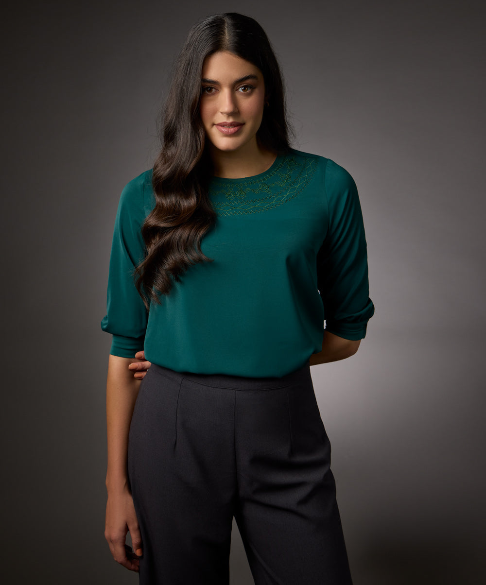 Neck Embroidered Half Sleeve Top-Green