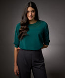 Neck Embroidered Half Sleeve Top-Green