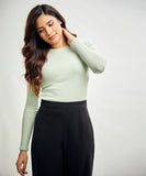 Long Sleeve Round Neck Rib Top- Baby Green