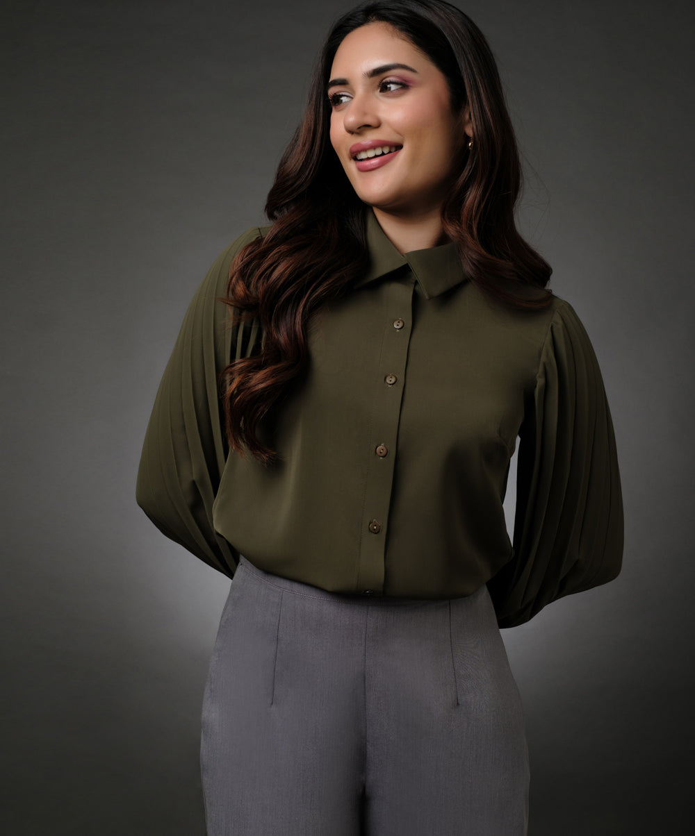 Sleeve Pleated Khaki Shirt Top