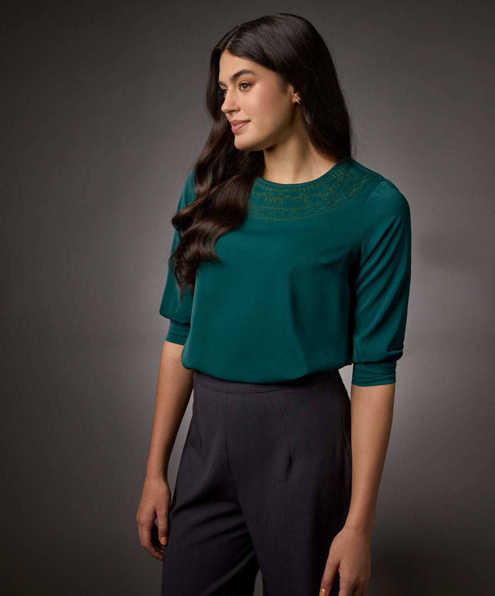 Neck Embroidered Half Sleeve Top-Green