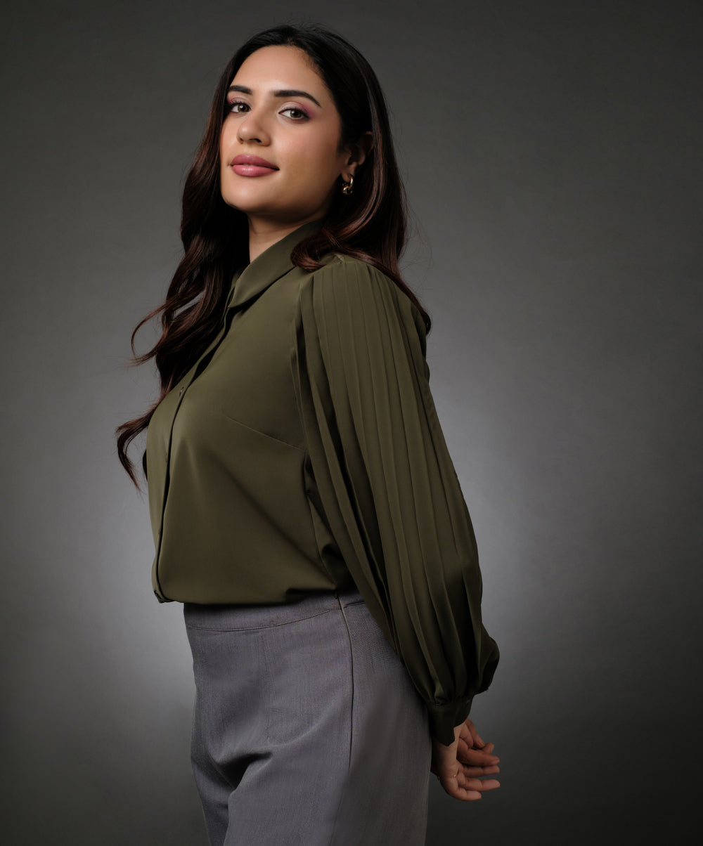 Sleeve Pleated Khaki Shirt Top