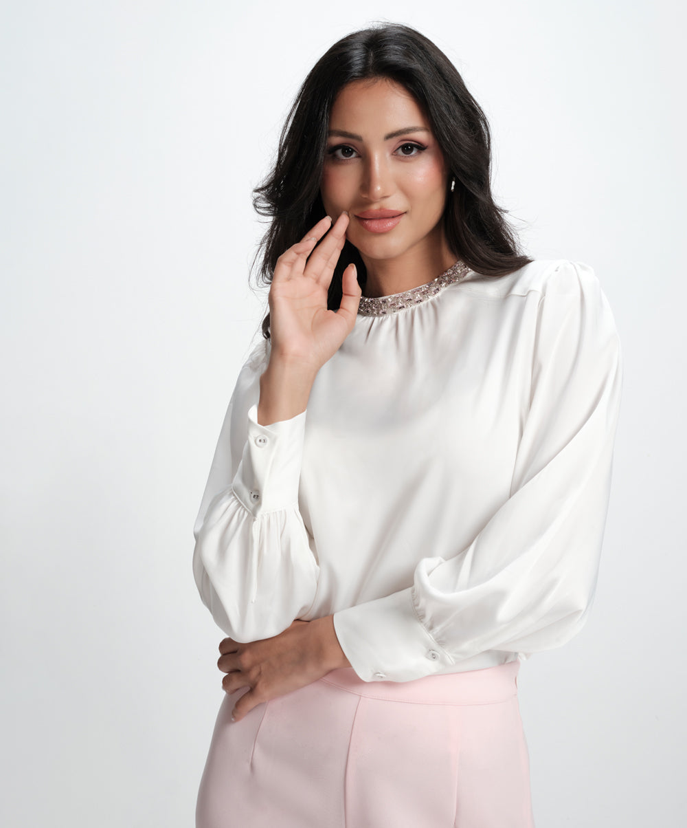 Neck Trimm Attached Elegant White Top