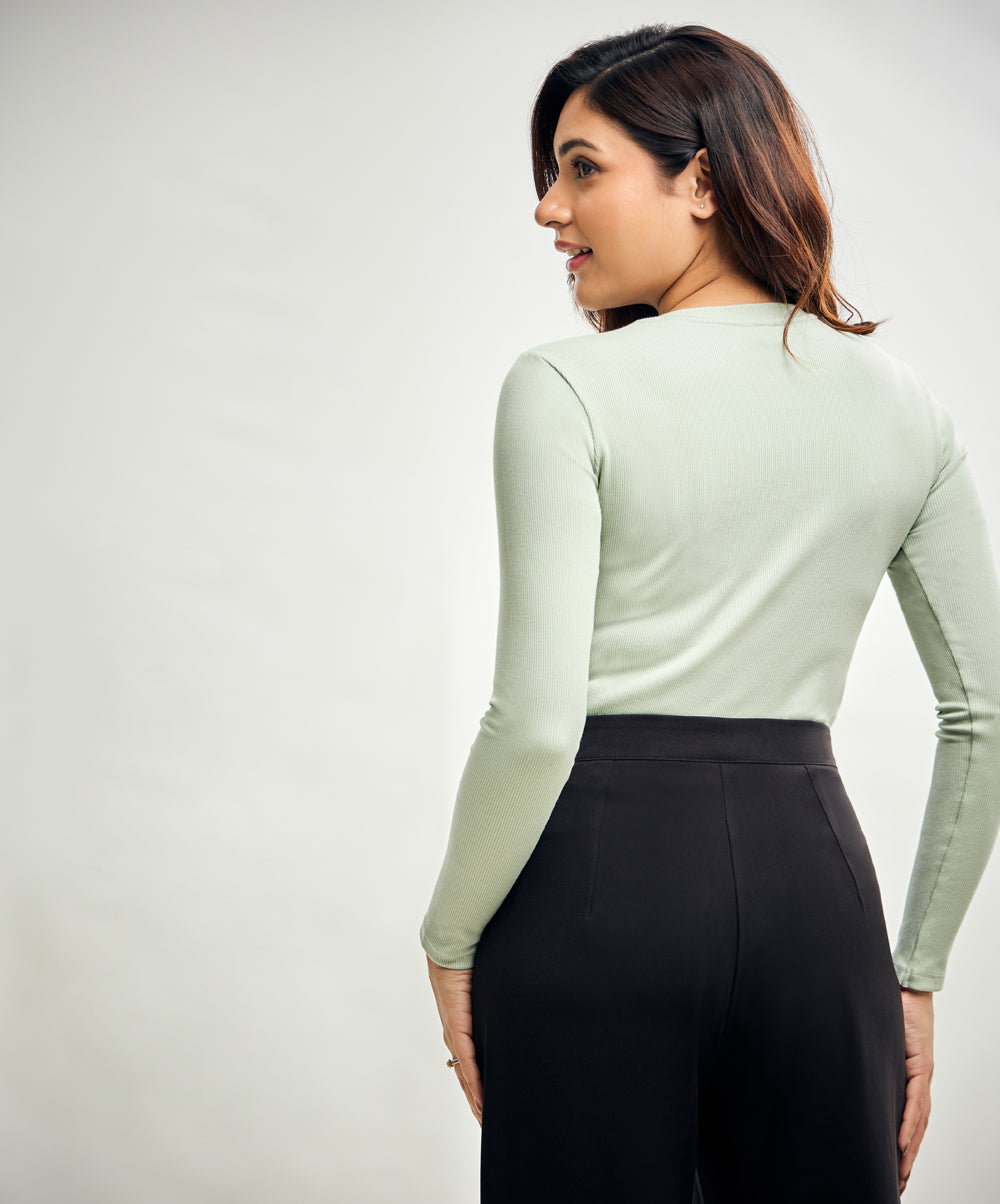 Long Sleeve Round Neck Rib Top- Baby Green