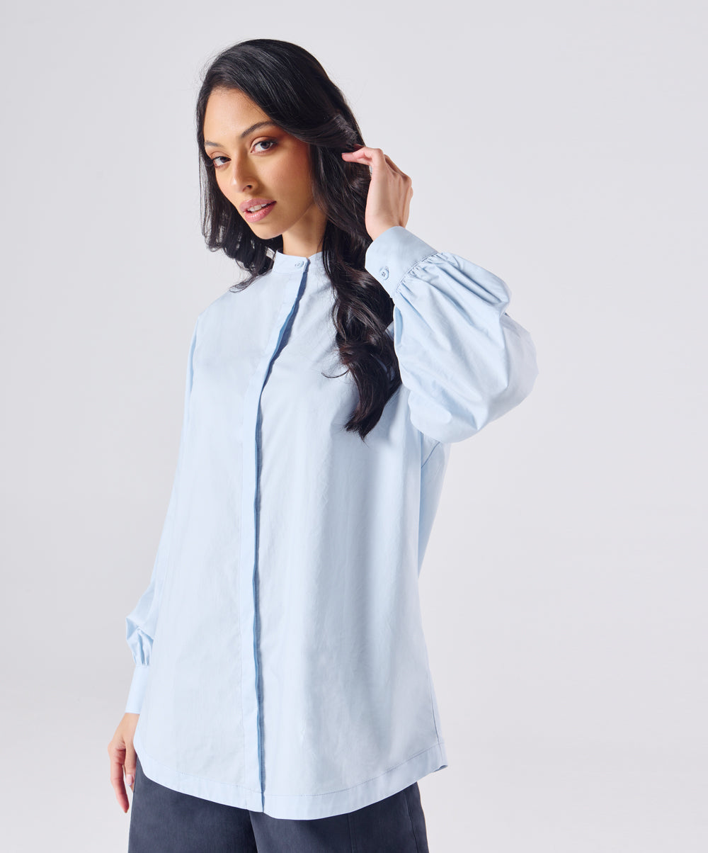 Mandarin  Collar Cotton Oversized Shirt- Baby Blue