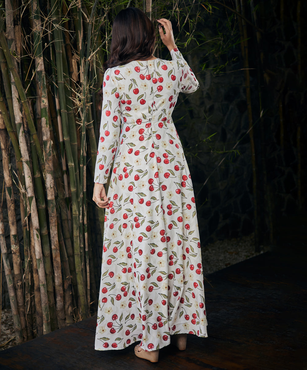 Cherry Printed Long Sleeve Maxi Dress