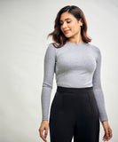 Long Sleeve Round Neck Rib Top- Light Grey