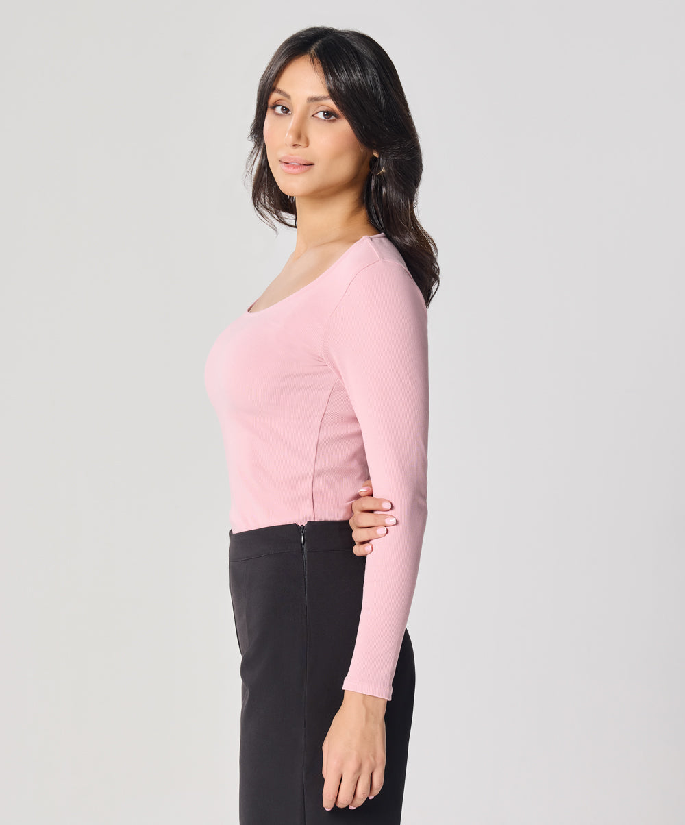 Long Sleeve Salmon Pink Rib Top