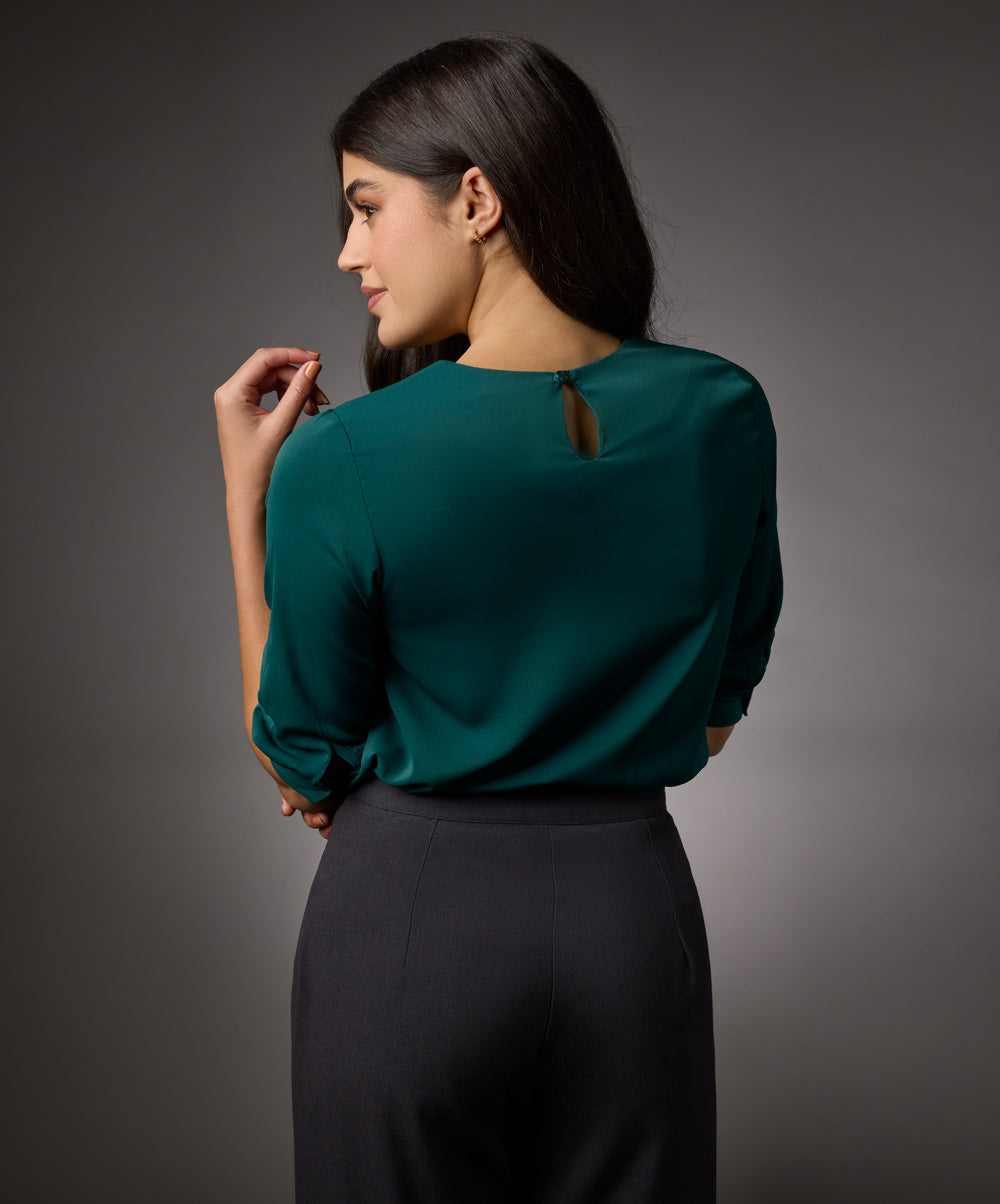 Neck Embroidered Half Sleeve Top-Green