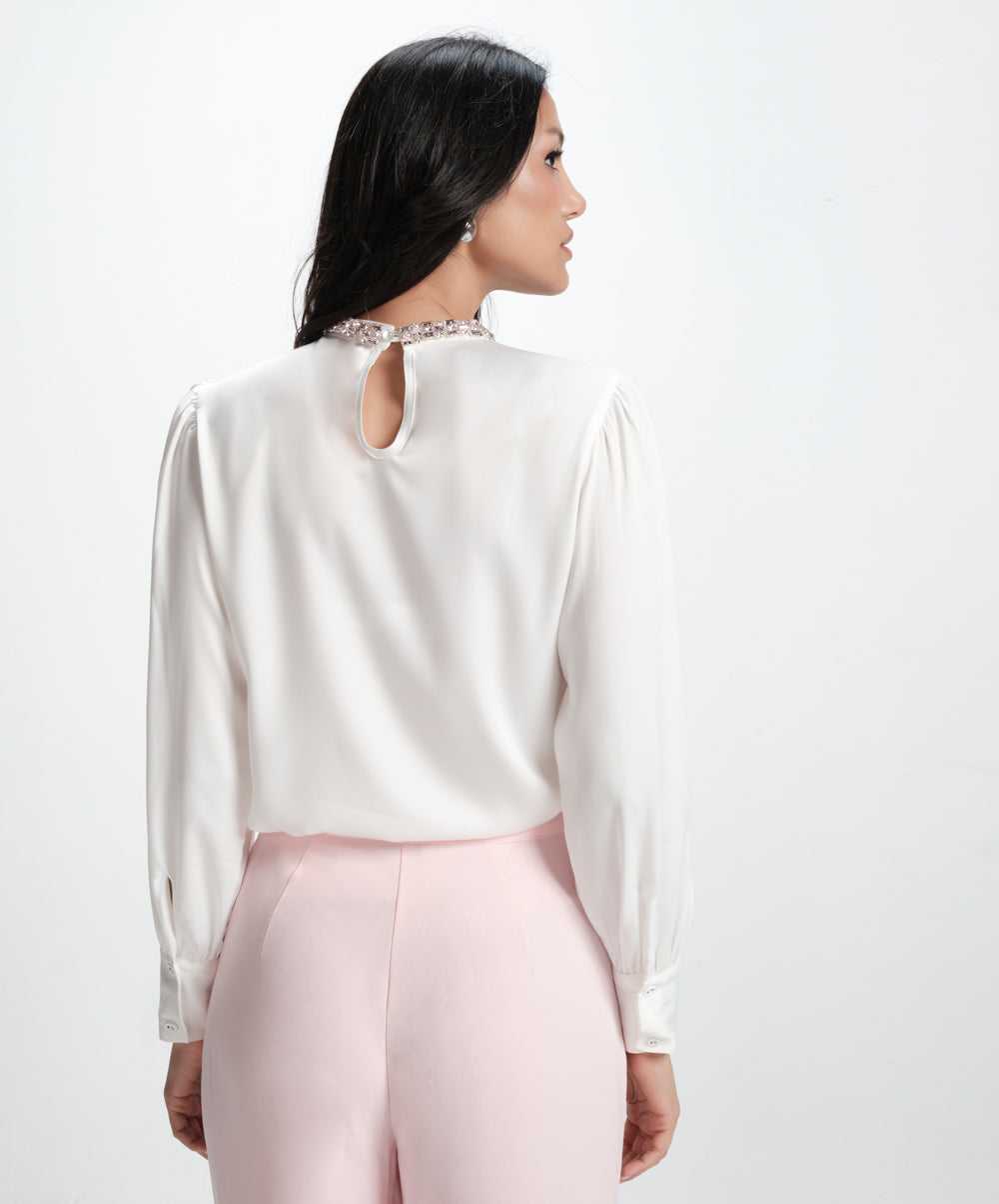 Neck Trimm Attached Elegant White Top