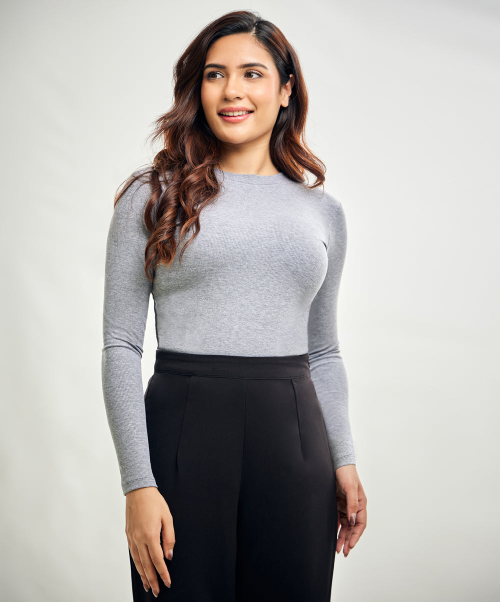 Long Sleeve Round Neck Rib Top- Light Grey